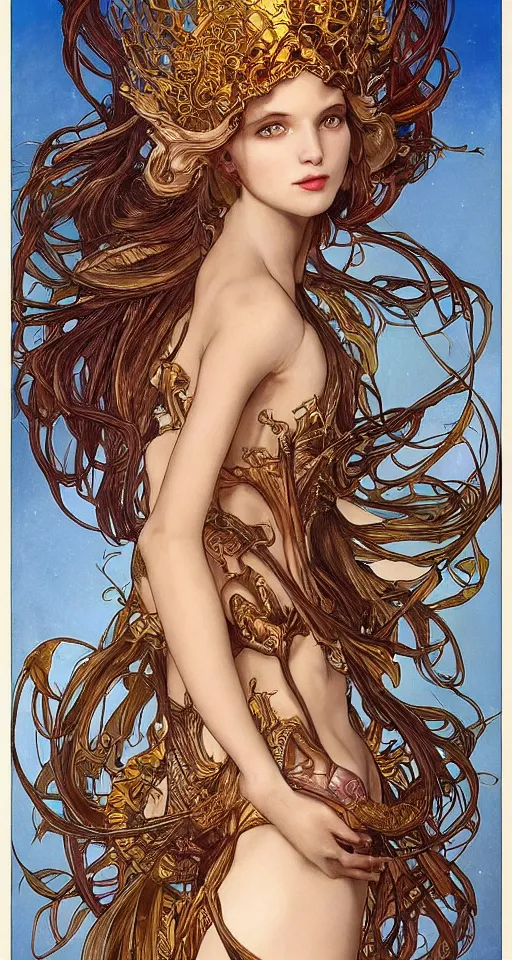 Image similar to 3/4 body portrait of the firedragon queen by artgerm and H R Giger and alphonse mucha, HD, full body dragon concept, flying dragon, Human body with dragon features, beautiful queen, perfect face, perfect body, 10/10 would dream again, fantasy, intricate, elegant, highly detailed, digital painting, artstation, concept art, smooth, sharp focus, illustration, ray tracing, 4k realistic 3d rendered portrait, soft shading, soft colors, relaxed colors, hyperdetailed, wide angle lens, fantasy, futuristic horror, armor style of giger