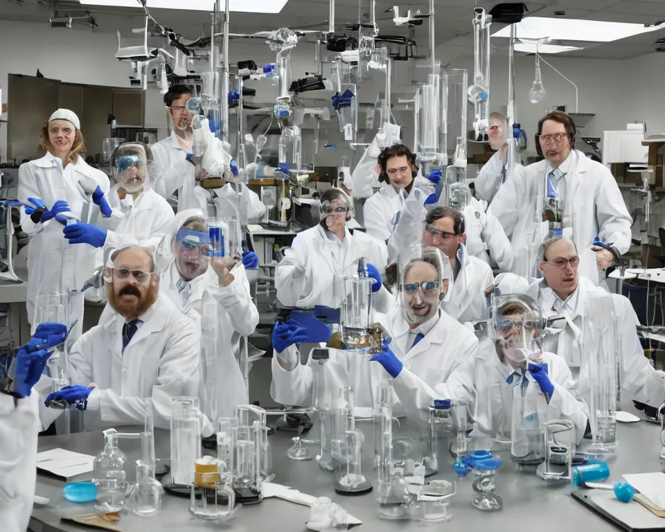 Image similar to reckless!!! whimsical! scientists in a lab inventing, presentation, scattered tables overloaded with doomsday devices and beakers and test tubes