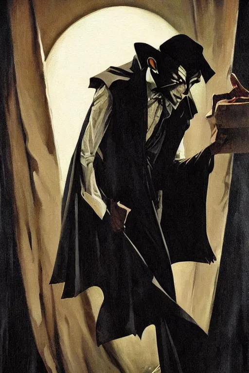 Image similar to nosferatu, painting by jc leyendecker!! phil hale!, angular, brush strokes, painterly, vintage, crisp