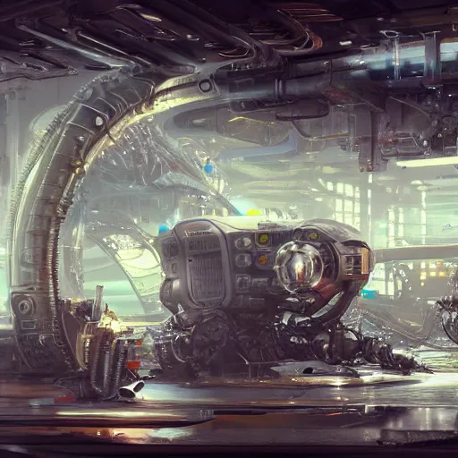 Prompt: the inside of a futuristic mechanic spaceshop coc, highly detailed interior, scrap metal on workbenches, half - finished robot, holographic screen in center frame by peter mohrbacher, trending on artstation, cryengine render, 8 k