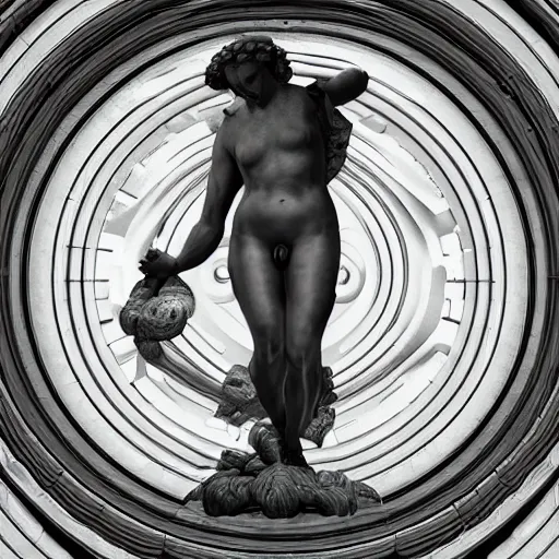 Image similar to a renaissance statue surrounded by a neon ring 3 d render, black background, ray tracing, 8 k resolution, shar focus, hyper detailed, hyper realistic