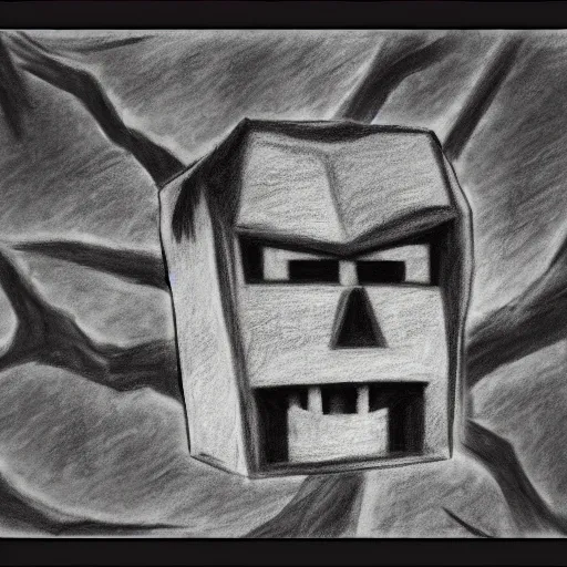 Prompt: minecraft horror evil, black and white charcoal sketch