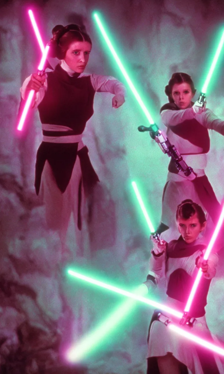 Image similar to Princess Leia wielding a fuchsia light saber, ambient lighting, 8k, 35mm film still from Star Wars