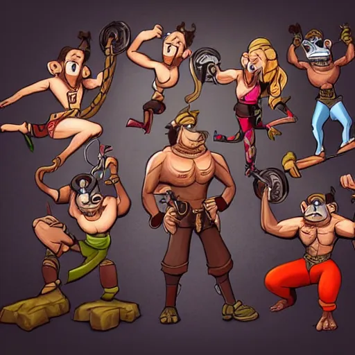 Prompt: crossfit monkeys, animated, fantasy, detailed, hq, disney style