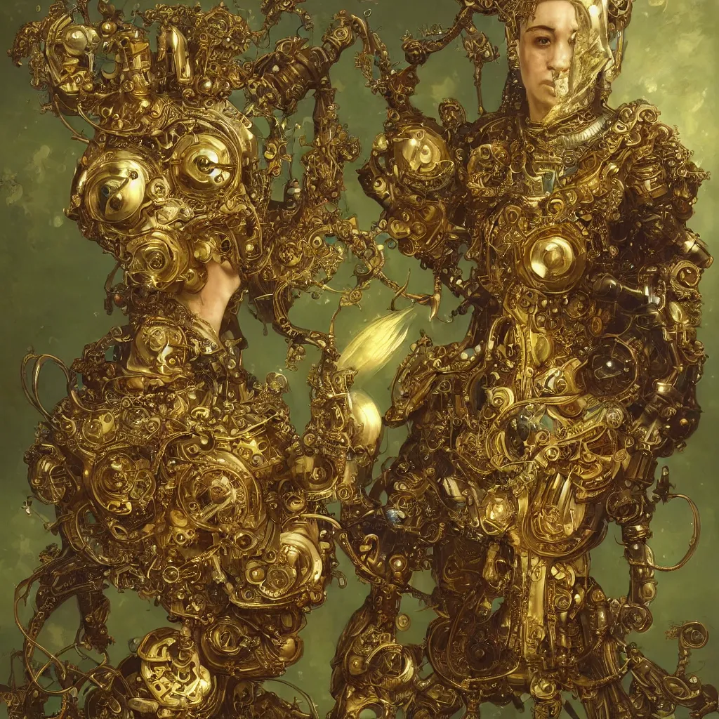 Prompt: ultra realistic character illustration, victorian male made of mechanical gold and brass parts, with a green cloak, ornate, engraved, intricate, elegant, highly detailed, artstation, concept art, marmoset toolbag, unreal engine, sharp focus, art by michael kutsche, peter mohrbacher, alphonse mucha, artgerm and greg rutkowski