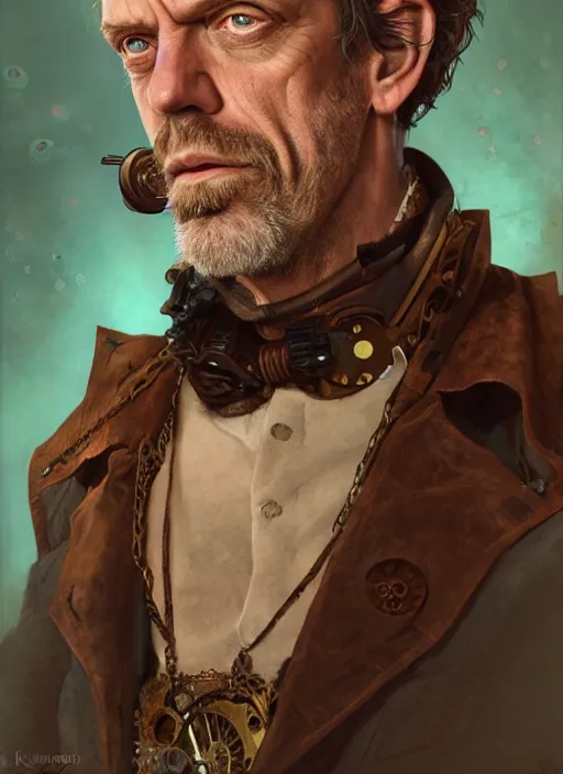 Image similar to steampunk portrait of hugh laurie, au naturel, hyper detailed, digital art, trending in artstation, cinematic lighting, studio quality, smooth render, unreal engine 5 rendered, octane rendered, art style by klimt and nixeu and ian sprigger and wlop and krenz cushart.