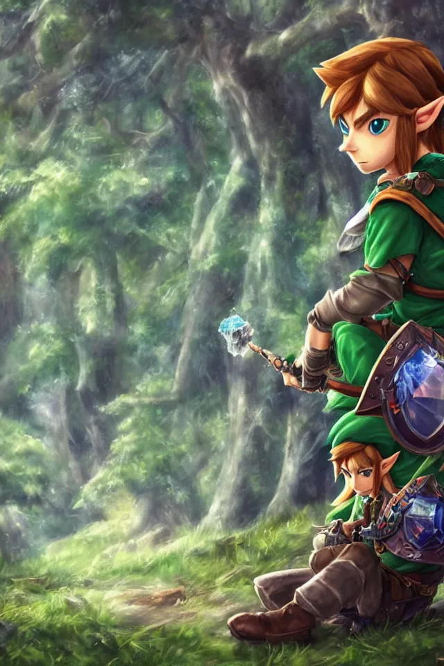 Image similar to a photorealistic portrait of link sitting in woods of hyrule playing ocarina, with a crystal texture and a dreamy atmosphere ， super wide angle ， matte painting ， rtx on ， trending on zelda ocarina of time