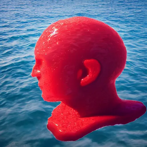Image similar to a giant human head sculpture in the sea made out of juicy and transparent red jelly, in the style of chad knight, long shot, hyper detailed, hyper realistic, ray tracing, 8 k resolution, sharp focus, realistic water, award winning