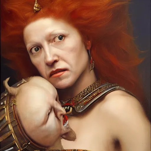 Image similar to the portrait of bonnie langford as an amazon warrior queen by roberto ferri, fantasy, witcher, very detailed oil painting, masterpiece, 8 k, full face