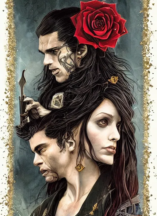 Image similar to tarot card :: horror :: vampires and draculas :: long hair :: hearts and roses :: gold and silver :: guns and swords :: side profile :: highly details :: intricate details :: Sandra Chevrier and bastien lecouffe deharme