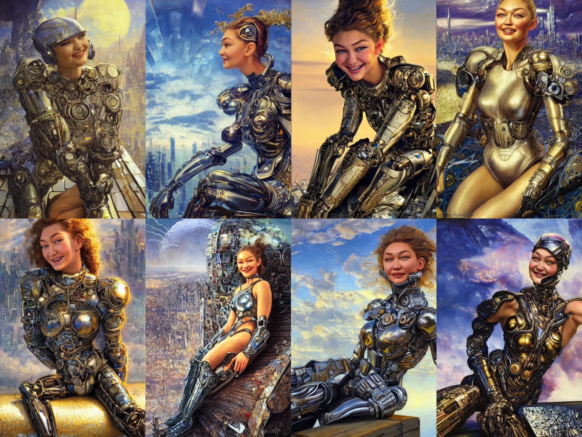 Prompt: close - up portrait of epic young gigi hadid smiling into camera, intricate cyborg armor, sitting on a bench, vista of futuristic city, windy, golden hour, wlop, by gerald brom, by mikhail vrubel, by peter elson, extreme detail, trending on artstation