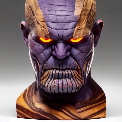 Prompt: a completely made of wood, real - world sculpture bust of the thanos marvel character, made of highly polished walnut wood, polished, cedar, polished tiger - wood. photograph, photographic, 3 5 mm