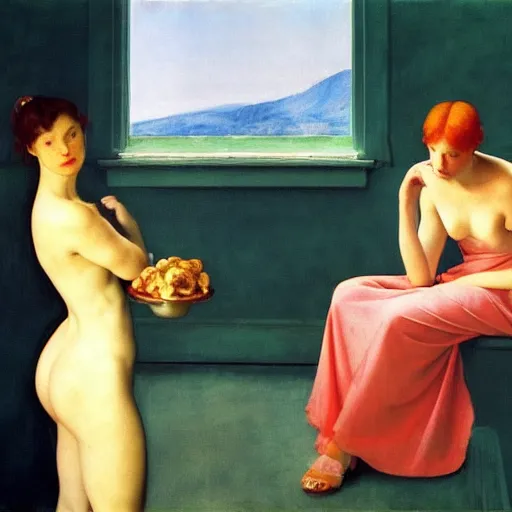 Prompt: a masterpiece, film still by edward hopper, by Pontormo, by klimt, pre-raphaelite. art noveau, art noveau, highly detailed, strong lights, liminal, eerie, Bright pastel colors