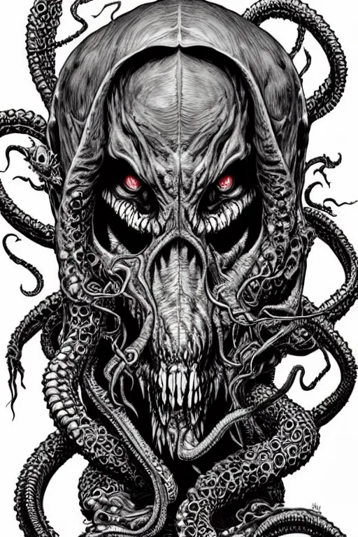 Image similar to portrait of crazy cthulhu skeletor, symmetrical, by yoichi hatakenaka, masamune shirow, josan gonzales and dan mumford, ayami kojima, takato yamamoto, barclay shaw, karol bak, yukito kishiro