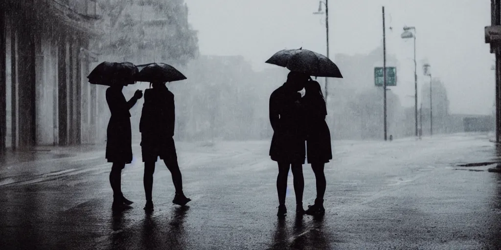 Image similar to lovers in the rain, moody light, empty street, full body