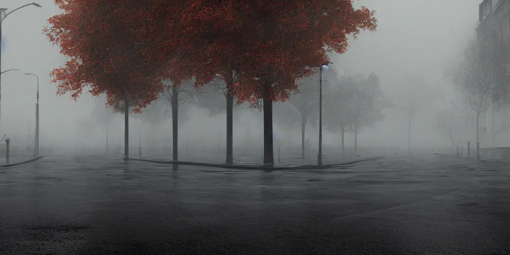 Image similar to silent hill in real life, streets, sombre, parked cars, overcast, blankets of fog pockets, rain, volumetric lighting, beautiful, autumn, sharp focus, 7 0 s visuals, ultra detailed, cgsociety