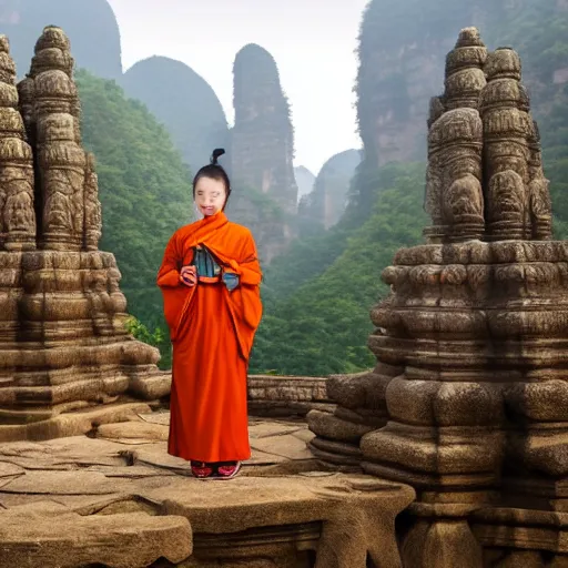 Prompt: mysterious chinese girl in front of a temple in zhangjiajie forest with buddhist monks in the background at dawn, matte painting, 4 k