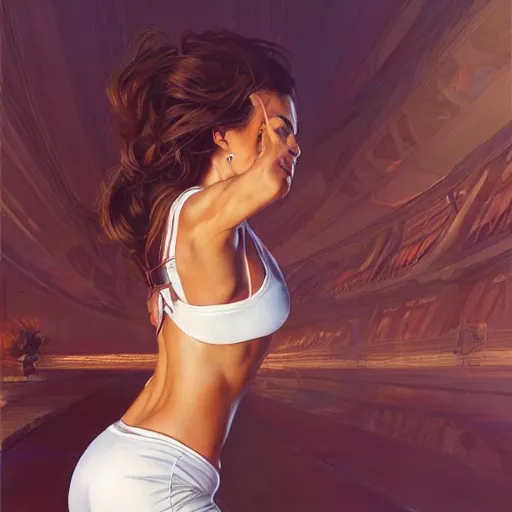 Prompt: clear portrait of a lushious sofia vergara doing yoga, super super wide hips!!, background hyper detailed, character concept, full body, dynamic pose, intricate, elegant, highly detailed, digital painting, artstation, concept art, smooth, sharp focus, art by artgerm and greg rutkowski and alphonse mucha