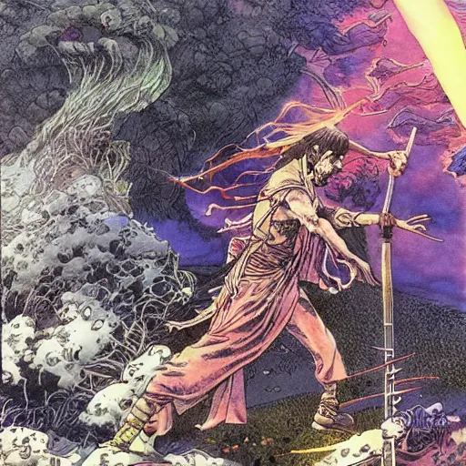 Image similar to Frank Zappa golden Vagabond magic swordsman glides through a beautiful battlefield magic the gathering dramatic esoteric pen and ink illustrated in high detail by Hiroya Oku, Moebius, and Tatsuki Fujimoto shonen jump 2002