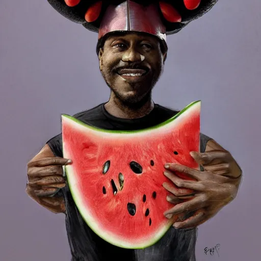 Image similar to front portrait of a funny looking not smiling black guy with a watermelon fruit helmet that covers only the top of his head by greg rutkowski