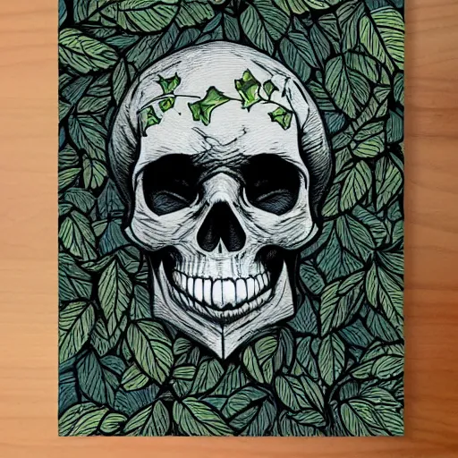 Prompt: skull inspired by Dan Mumford,ivy vines,leaves