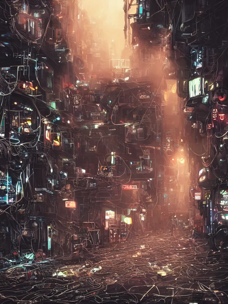 Image similar to futuristic dieselpunk street, cable stone ground. lots hanging cables, tiny wires on the ground. narrow, garbage on the ground. rain. fog, haze, evening. led screens. neon signs. golden hour. volumetric lighting. cables on the ground. very messy. futuristic. photorealistic. artstation. anime. studio gimbli style