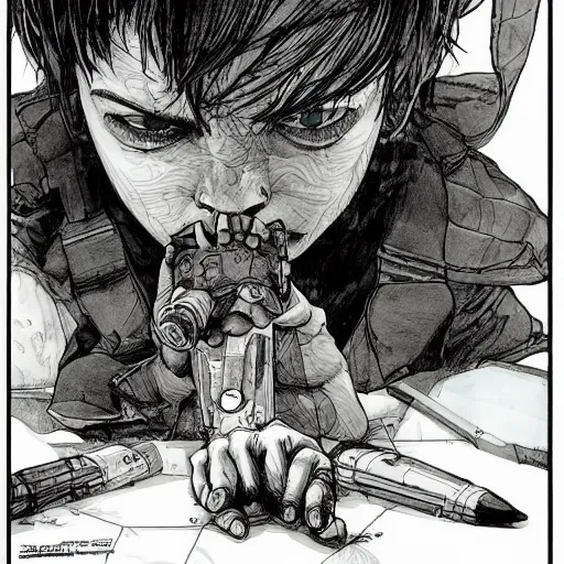 Image similar to frightened child, hiding under a table, concept art, intricate line drawings, pen and ink poster, in the style of yoji shinkawa, moebius comic, marc simonetti, miura