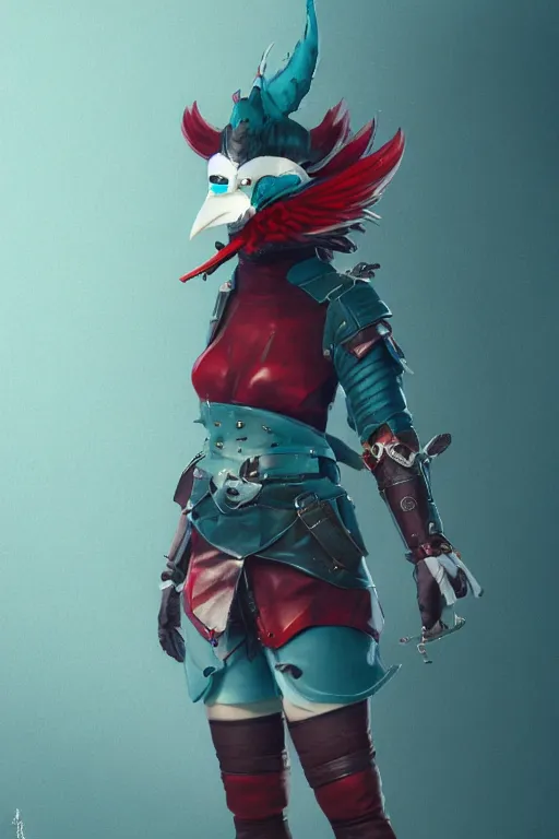 Image similar to female adventurer in tight full - body teal leather armor of japanese design with red accents and a white porcelain crow mask, trending in artstation, japanese, by wlop, establishing shot