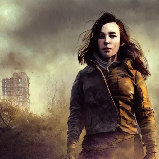 Image similar to fallout 5, charismatic beautiful rugged brunette female protagonist, portrait, outdoors ruined cityscape, atmospheric lighting, painted, intricate, volumetric lighting, beautiful, daytime, sunny weather, slight overcast, sharp focus, deep colours, ultra detailed, by leesha hannigan, ross tran, thierry doizon, kai carpenter, ignacio fernandez rios