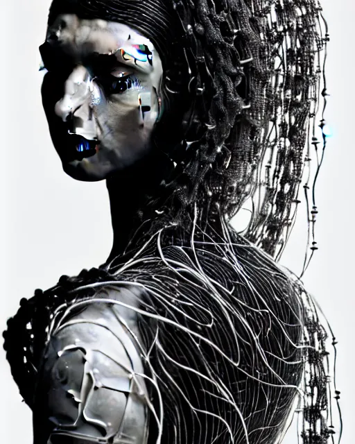 Image similar to black and white young cyborg-human-jellyfish-plant goddess high quality photo, microchip, artificial intelligence, bio-mechanical bio-luminescence, black wired cables, neurons, nerve cells, octane render, cinematic, rim light, hyper realism, photo-realistic, high detail, 8k, masterpiece, high fashion, in the style of Steven Meisel and Dora Maar and H.G. Giger