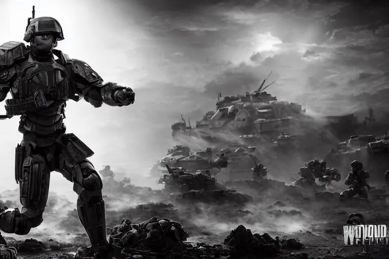 Image similar to still photo of a iron tech age war man looking at the camera in a battlefield, black and white color aesthetic, highly detailed, photorealistic portrait, bright studio setting, studio lighting, crisp quality and light reflections, unreal engine 5 quality render