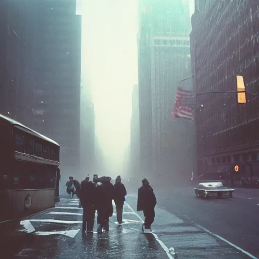 Prompt: analog street photography in foggy new york, 1 9 6 0 s, photographed on ektachrome film, featured on unsplash, photographed on expired film