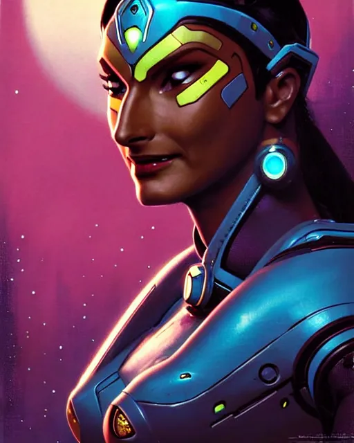 Image similar to symmetra from overwatch, character portrait, sci - fi armor, portrait, close up, concept art, intricate details, highly detailed, vintage sci - fi poster, retro future, in the style of chris foss, rodger dean, moebius, michael whelan, and gustave dore