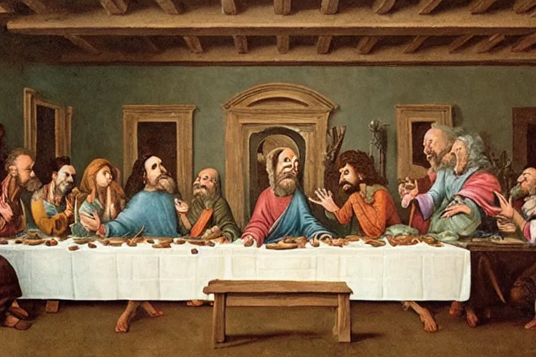 Prompt: rick and morty characters having the last supper by Leonardo da Vinci