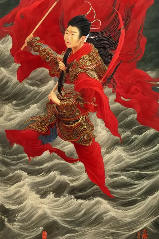 Image similar to a masterpiece portrait of legendry nezha flies riding on the wind fire wheels across the sea, water everywhere, chinese mythology, side view, red cloth around his shoulders, hold spear, cinematic, fantasy character portrait, highly detailed, by ne zha ( 2 0 1 9 ), fenghua zhong