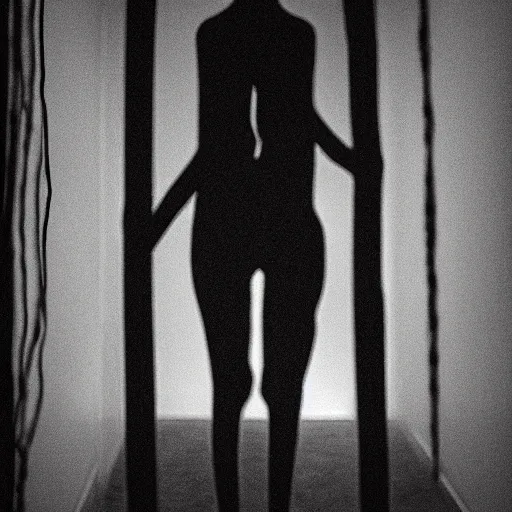 Image similar to a female horror humanoid made out of black string standing in a white room with dark lighting