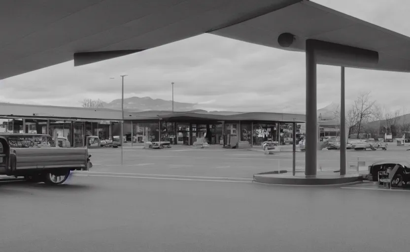 Image similar to cinematic still screenshot of the port byron travel plaza, shot by saul leiter, camera height 7 feet, moody cinematography, 2 4 mm anamorphic lens