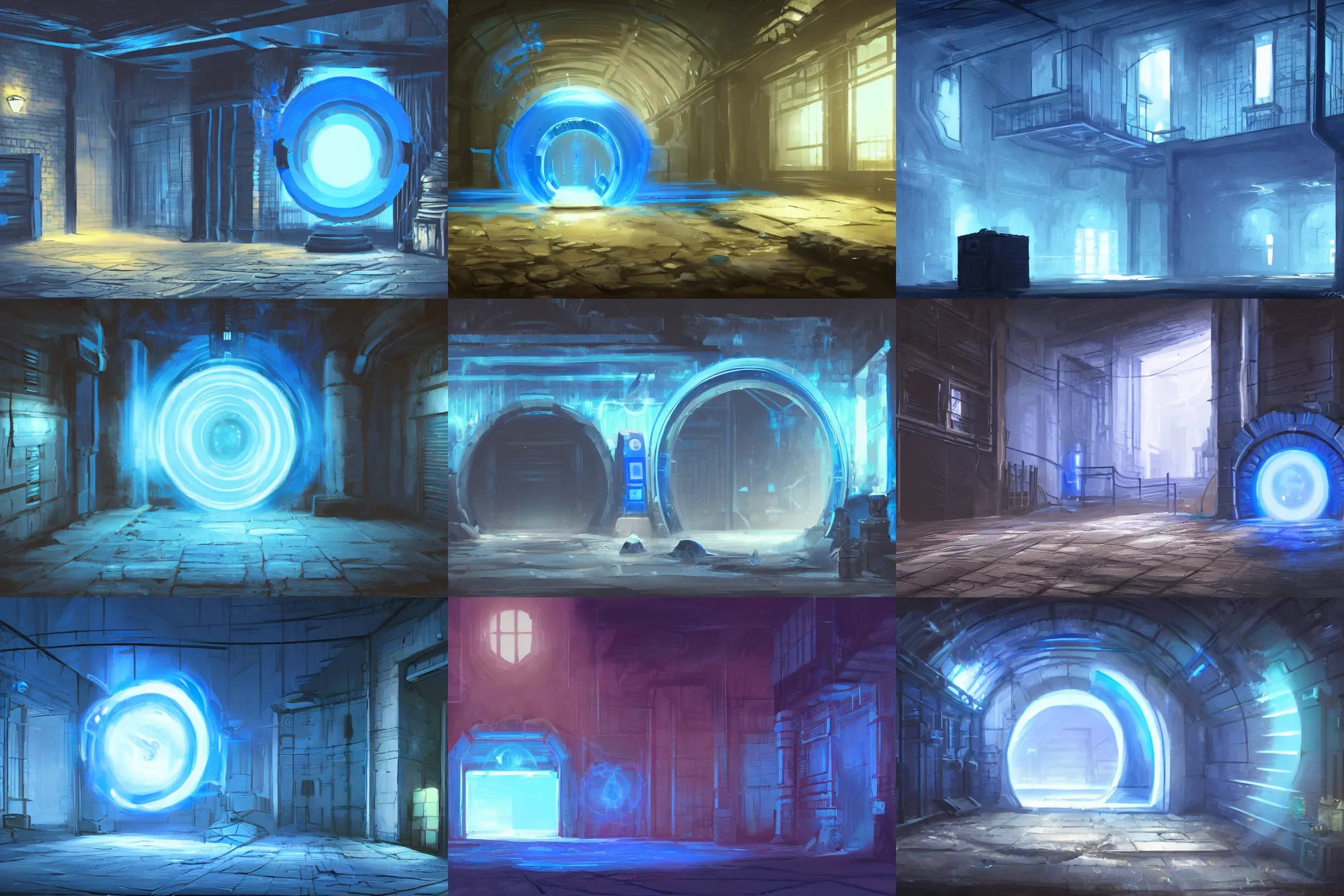 Prompt: blue glowing portal in the middle of a dark warehouse, concept art, postapo game, artstation