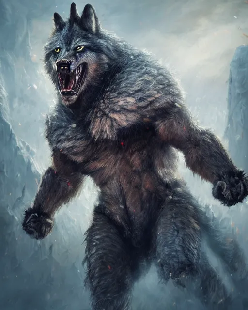 Prompt: oil painting of Angry Anthropomorphized Wolf Berserker, wearing fur armor, claws, sharp focus, attack pose, fantasy style, octane render, volumetric lighting, 8k high definition, by greg rutkowski, highly detailed, trending on art Station, magic the gathering artwork, burning Battlefield background, centered