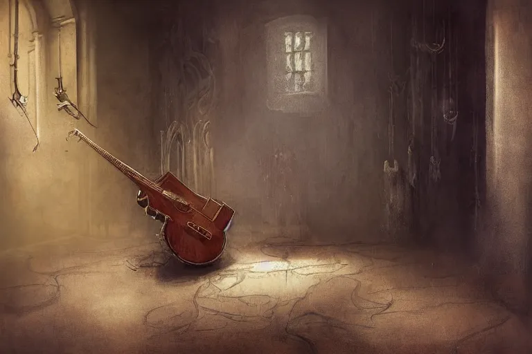 Image similar to still life painting, musical instument alone - a lute with smoke wisping up from its smoldering string, cursed baroque with ebony inlay, designed by brian froud and hr giger leans against the wall alone, abandoned. an empty brutalist chamber, lonely, somberlate afternoon lighting cinematic fantasy painting by jessica rossier