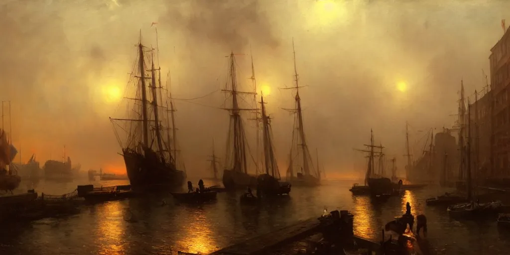 Image similar to a seaport in 1 9 4 0 with red light on, sunny day, a men stand up next to the edge, mystical orange fog, oil on canvas, art by andreas achenbach, clemens ascher, tom bagshaw and sabbas apterus,