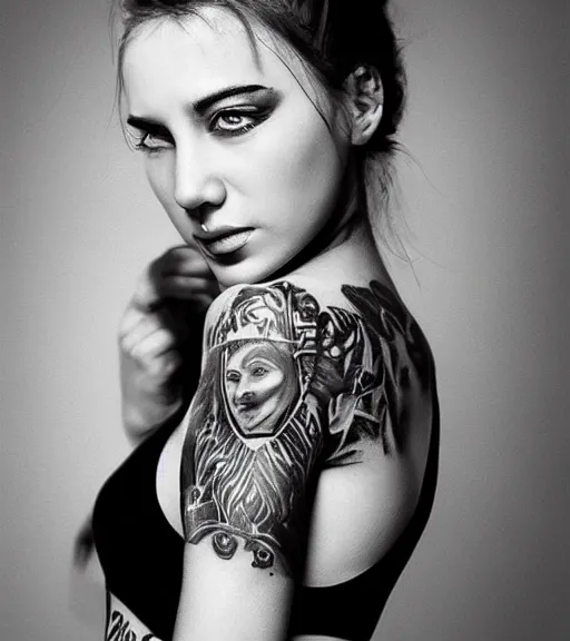 Image similar to a beautiful girl portrait, faded mountain background, realism tattoo, in the style of den yakovlev, black and white, hyper realistic, highly detailed