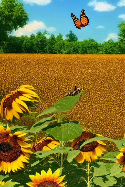 Prompt: butterflies in the foreground, sunflowers in the background, closeup view, scenery wallpaper aesthetic, beautiful, cinematic, dramatic, super detailed and intricate, hyper realistic, 4 k render, by satoshi kon