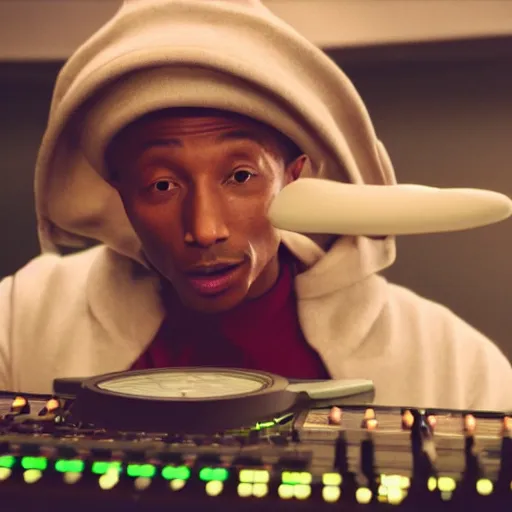 Image similar to cinematic film still of Pharrell Williams Making A Beat with an anthropomorphic alien, Japanese VFX, 2018, 400mm lens, f1.8, shallow depth of field,film photography