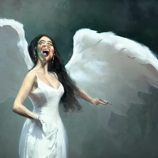 Image similar to Painting by Greg Rutkowski, an opera singer in a white dress with wings on stage