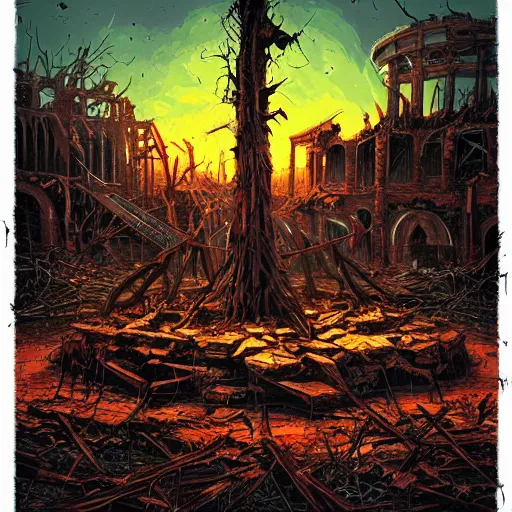 Image similar to a bloody sacrificial alter in ruins by Dan Mumford. Post apocalyptic