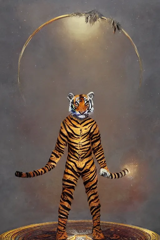 Prompt: a humanoid tiger king stands on a magical circle by greg rutkowski, magic realism, hyper realistic, 2 0 0 mm lens