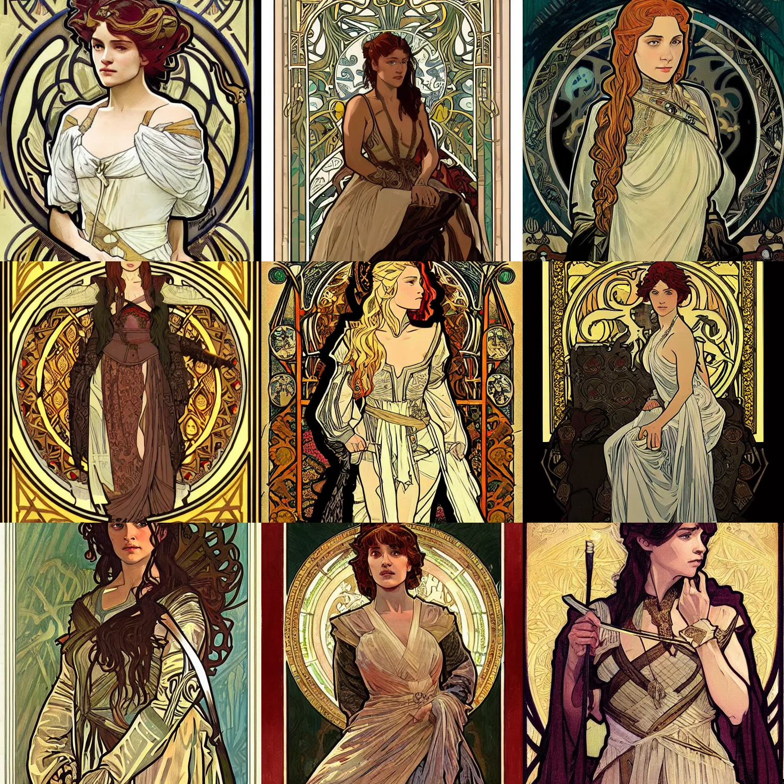 Prompt: A warrior in game of thrones, painted by Alphonse Mucha