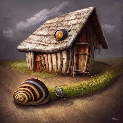 Prompt: a cute snail with a old wooden house on his back, michael kutsche