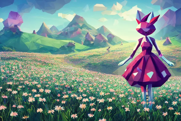 Prompt: ( low poly ) ps playstation 1 9 9 9 running ( ( anthropomorphic ) ) ( ( lurantis ) ) maid wearing a hat standing in a ( field of daisies ), mount coronet in the distance digital illustration by ruan jia on artstation